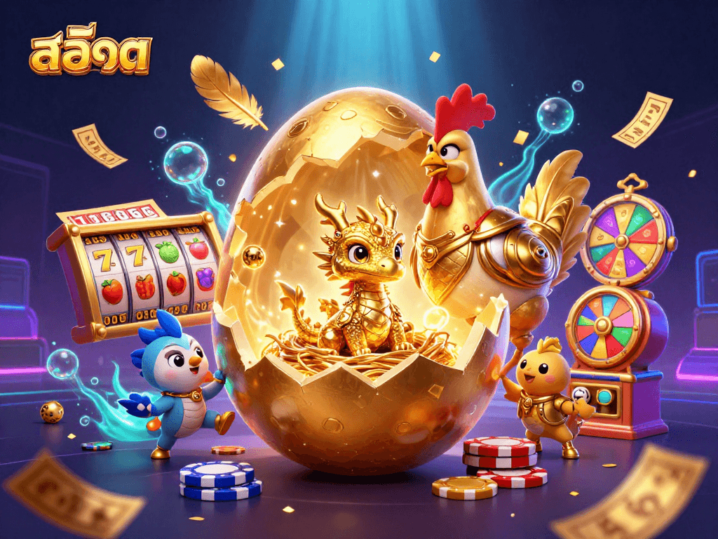 Experience สล็อต excitement with a golden dragon guarding poker chips amidst dynamic casino elements.