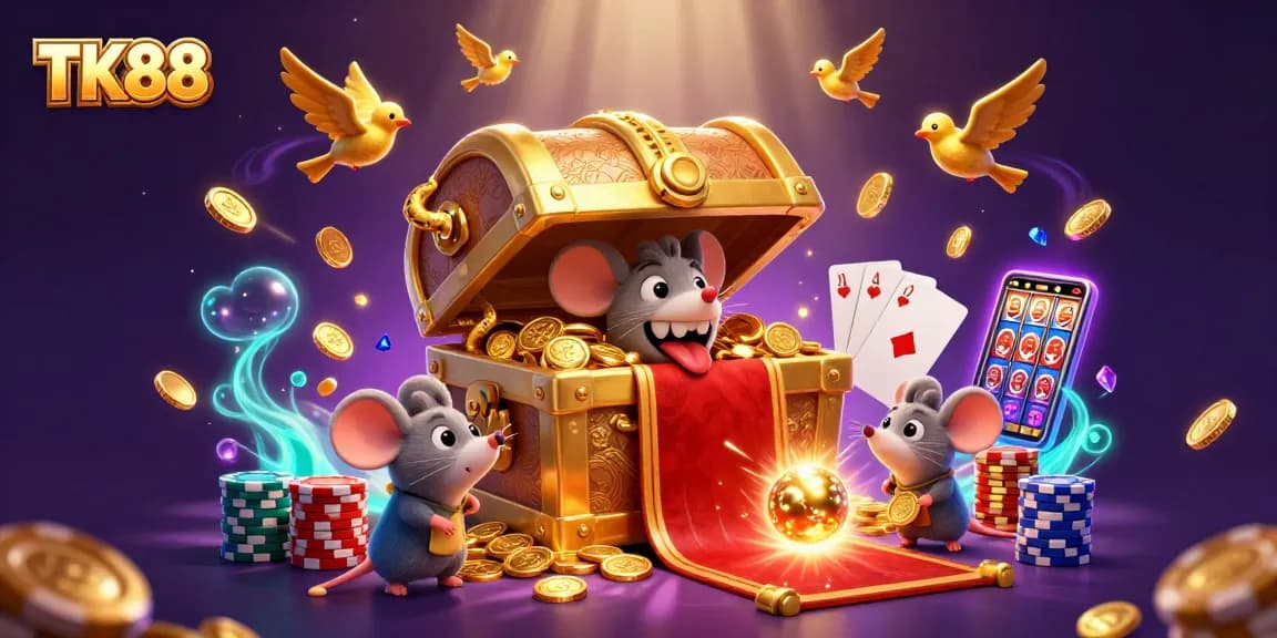 Engage with TK88's thrilling casino experience, showcasing vibrant treasure chests and exciting game elements.