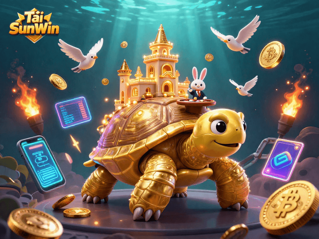 Experience Tải SunWin with this vibrant 3D casino illustration showcasing a golden tortoise casino