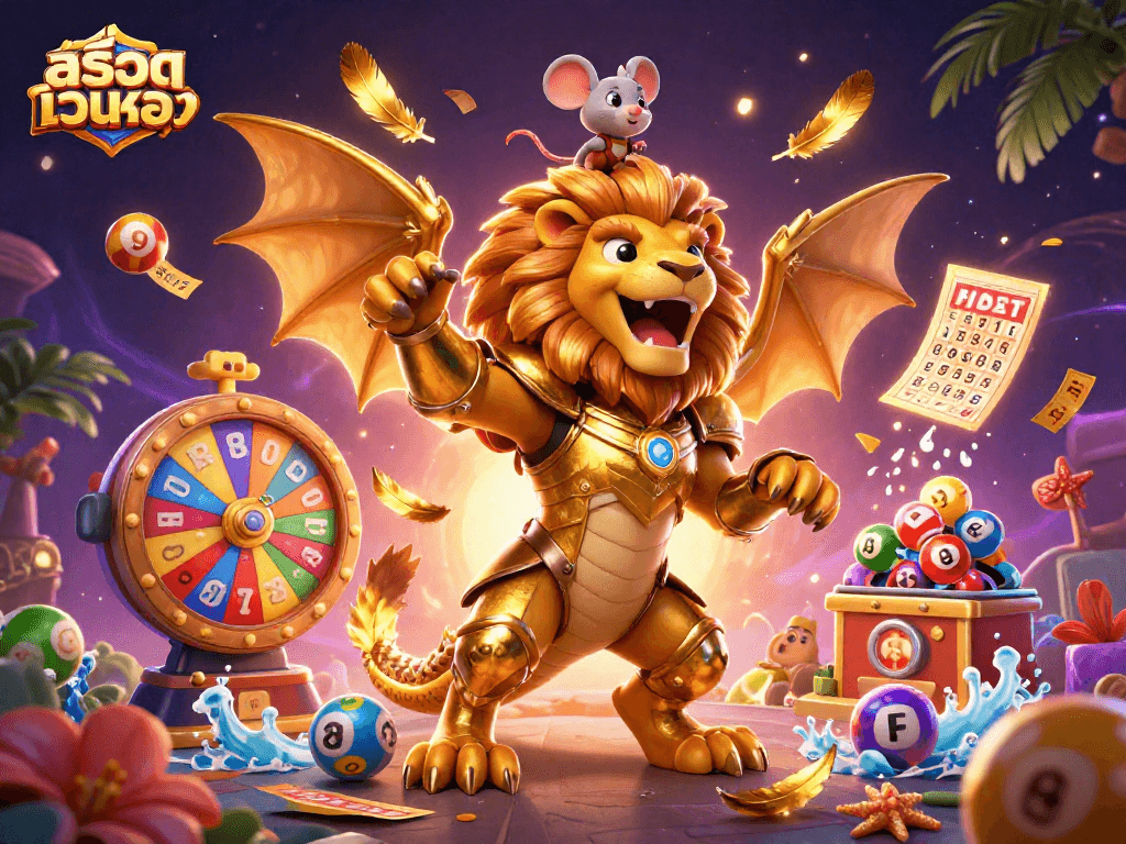 Experience thrilling gameplay with สล็อตเว็บตรง featuring a golden chimera and dynamic lottery elements in a vibrant casino scene.