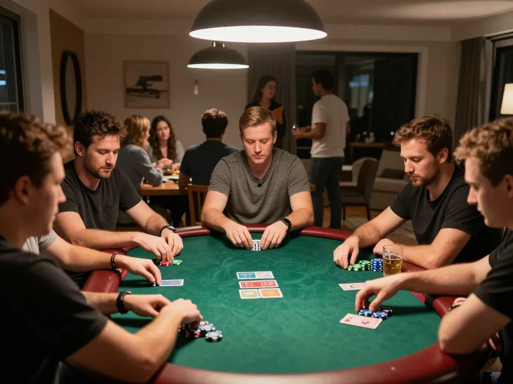 Engaged players at nhà cái 8xbet poker table enjoying strategic gameplay with drinks and snacks.