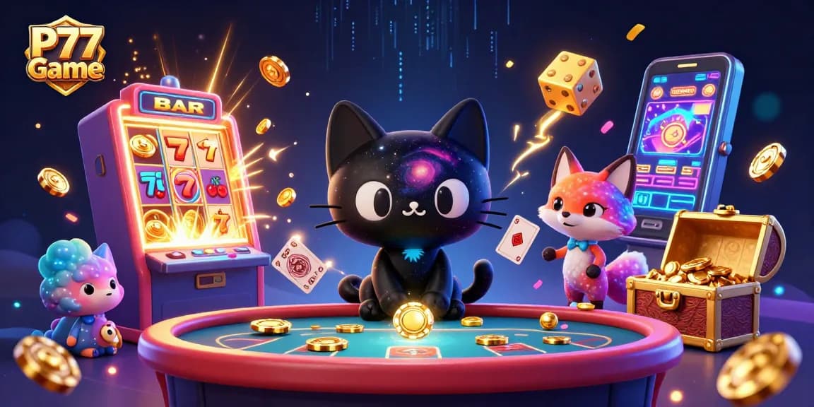 P77 Game is played at a vibrant cosmic casino with dynamic 3D elements and colorful characters.