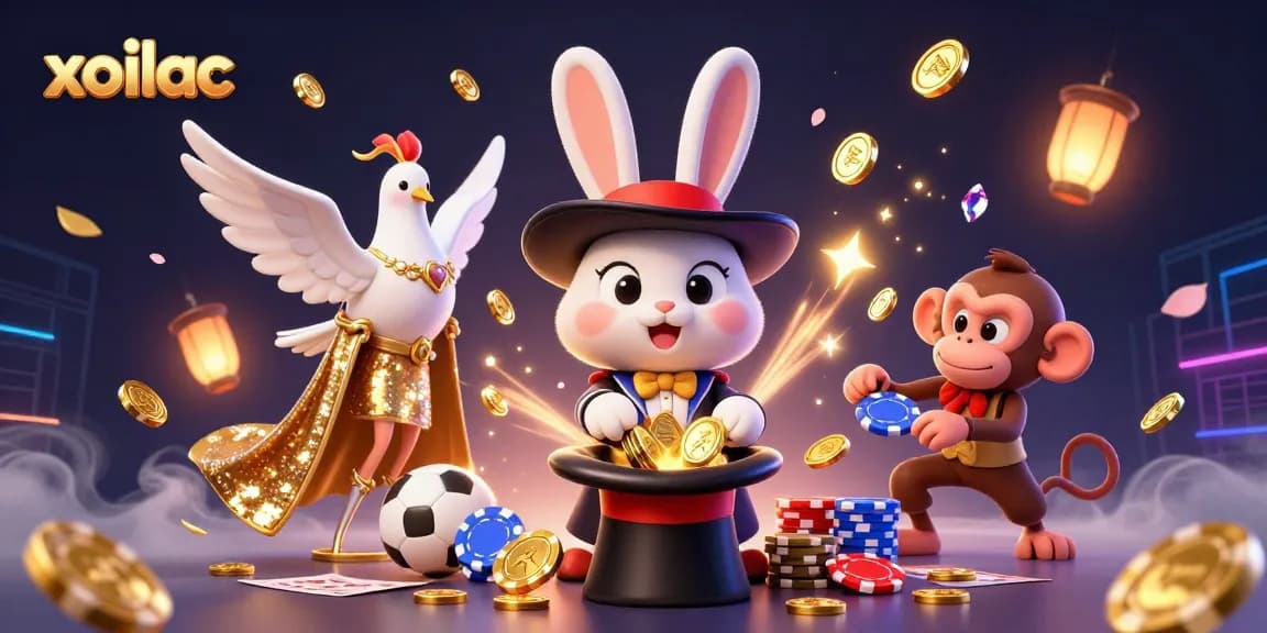 Xoilac showcases a dynamic scene featuring a magician rabbit, a dove, and a monkey surrounded by vibrant gambling elements.