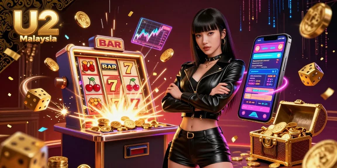 Engage with U2 Malaysia's vibrant casino action featuring a stunning Asian woman amidst a jackpot explosion and golden crypto elements.