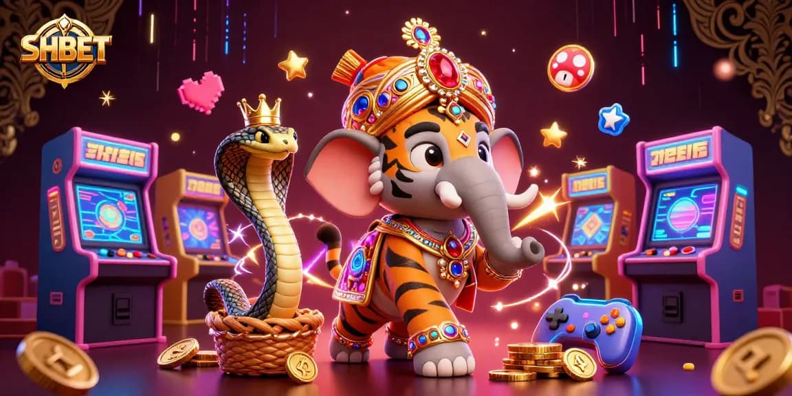 Engage with SHBET as you explore this vibrant casino scene filled with 3D characters and arcade elements.