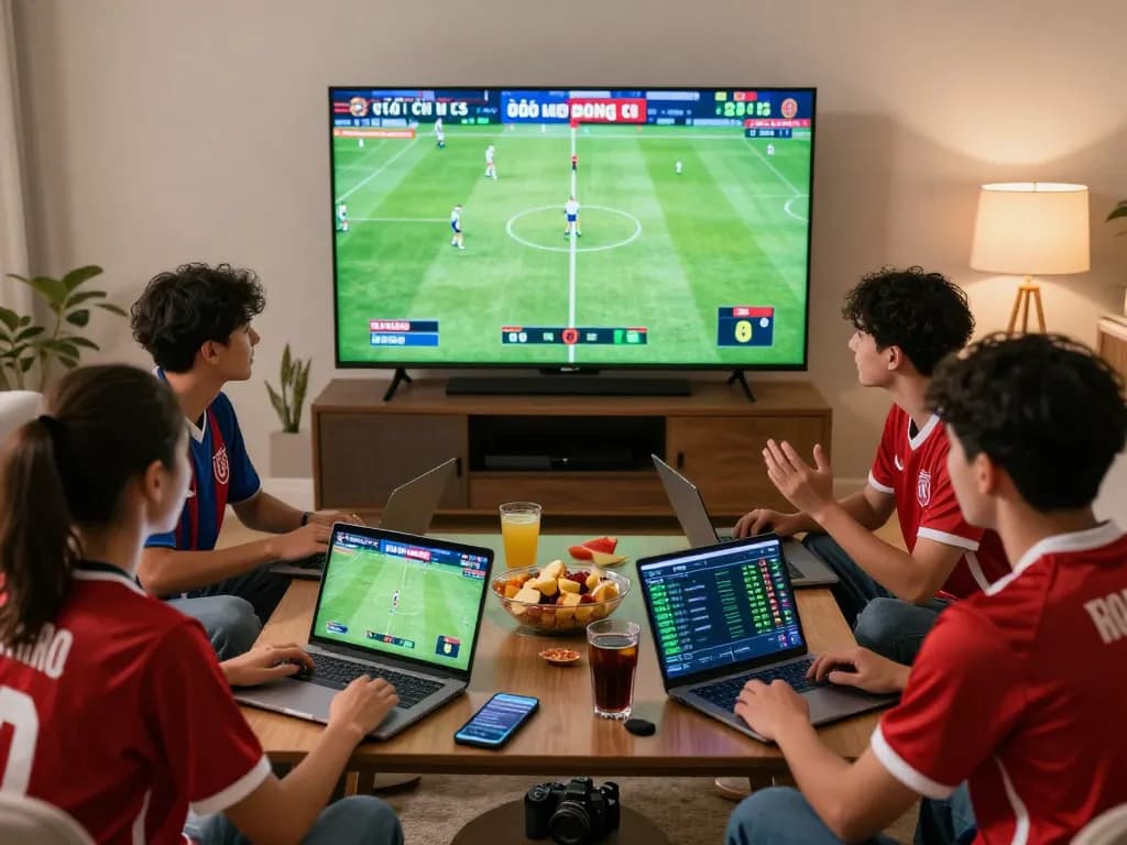 Friends excitedly discussing tỷ lệ kèo bóng đá while watching live football.