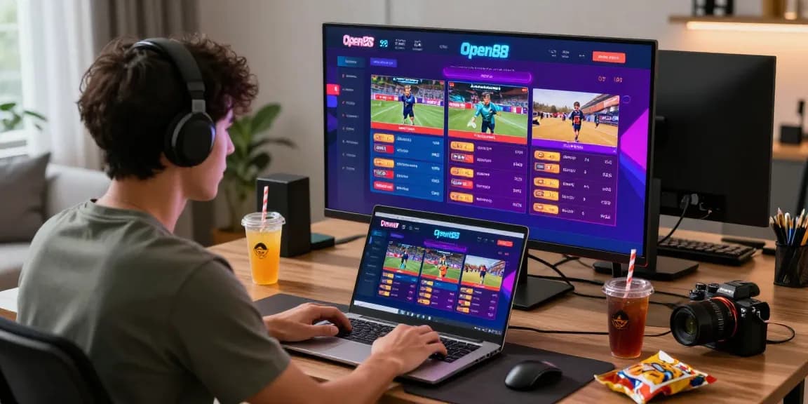 High-energy gaming scene with user engaging on OPEN88 betting platform, showcasing vibrant interface and immersive atmosphere.