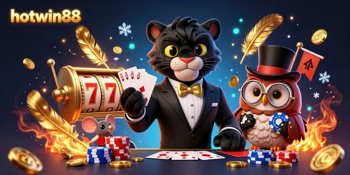Win big at hotwin88 with a dynamic scene of a tuxedoed panther dealing cards surrounded by casino action.