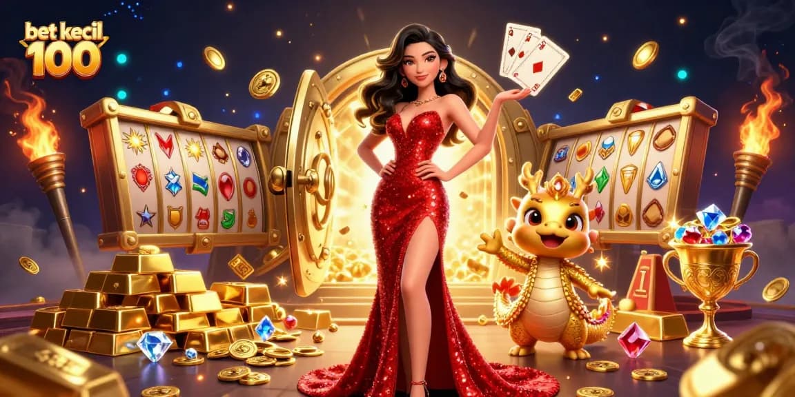 Experience thrilling wins with bet kecil 100 in a vibrant casino scene featuring slots and gemstones.