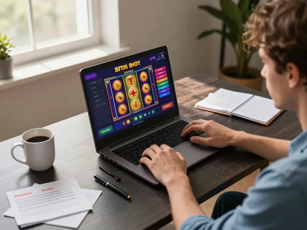 Situs slot game on a laptop screen with an engaged player showcasing responsible gaming practices.