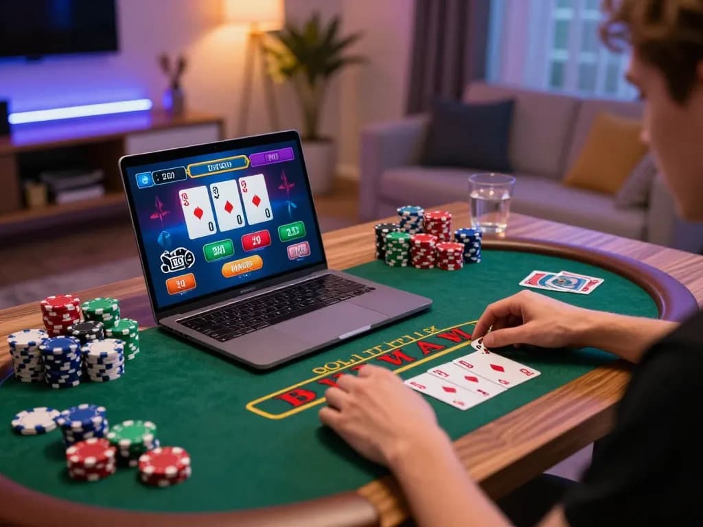 Playing blackjack online at home with uu88, showcasing vibrant graphics and colorful poker chips.