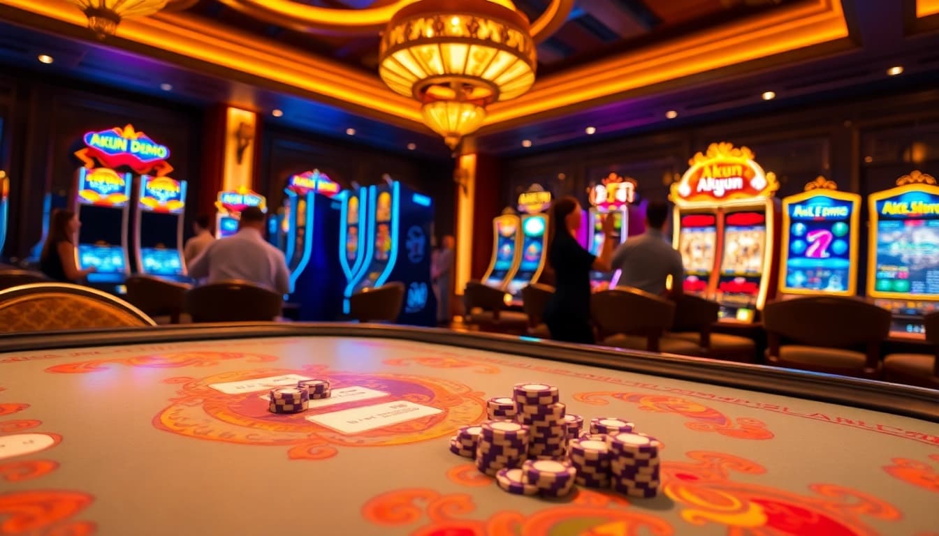 Experience the excitement of an akun demo game in an elegant casino environment with vibrant mahjong tables.