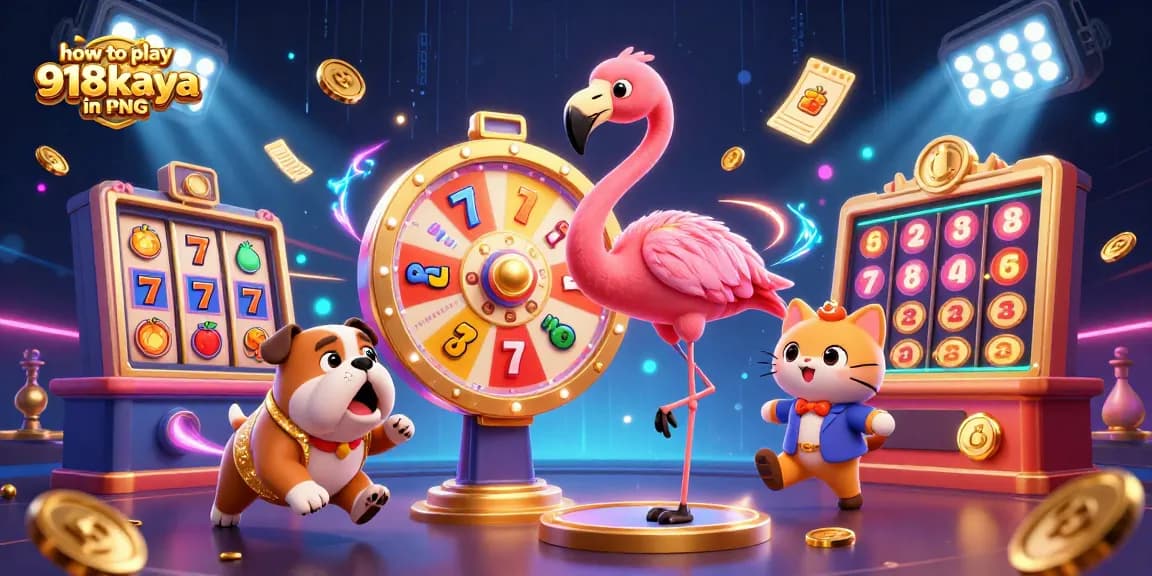 Learn how to play 918kaya in PNG with engaging promotional illustration featuring slot reels and game elements.