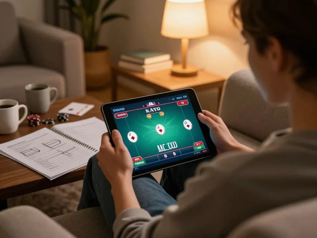 Engaged player using a tablet for online poker at https://www.dacsandatphanrang.com/ in a cozy home setting.