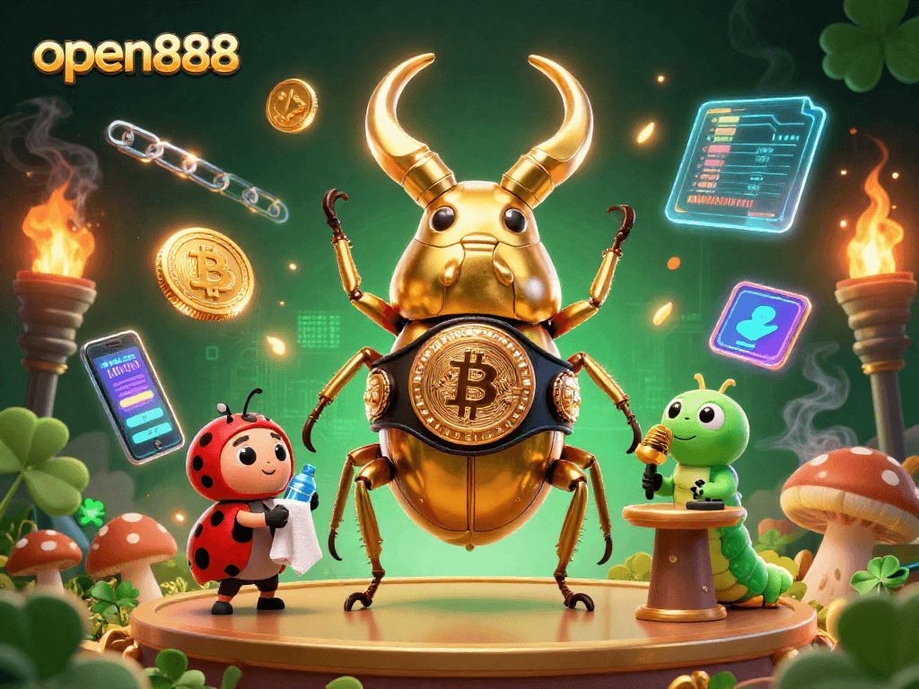 Engage with open888 as the golden stag beetle champions crypto games amidst vibrant slot elements.
