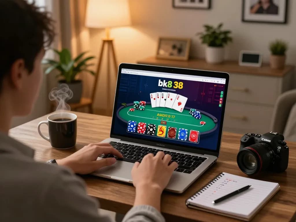 Engaged player enjoying bk8 online poker, cozy home setup with drinks and strategy notes.