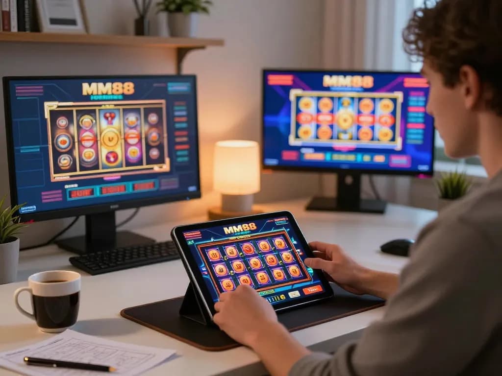 Engaged player enjoying MM88 slot games on tablet in cozy home office setting.