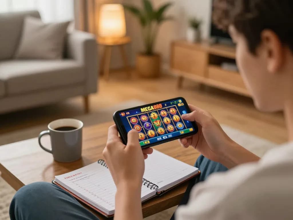 Engaged player enjoying MEGA888 on smartphone amidst cozy home setting, showcasing dynamic gaming experience.