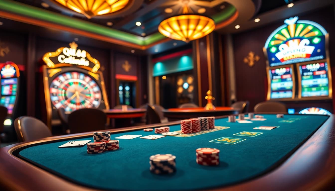 Experience thrilling gameplay at qh88 with an elegantly designed casino gaming scene featuring poker tables and roulette wheels.