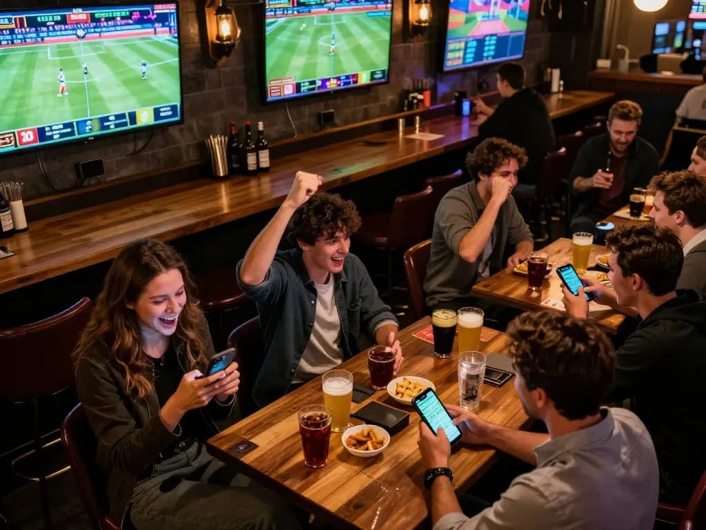 Exciting sports betting at open 88, guests cheer while placing bets on smartphones.