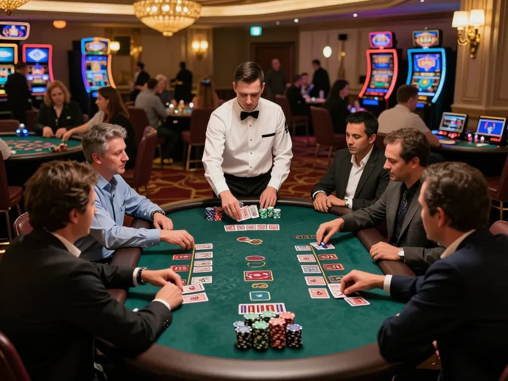 LV88 blackjack players focused on their hands, dealer in action, luxurious casino ambiance