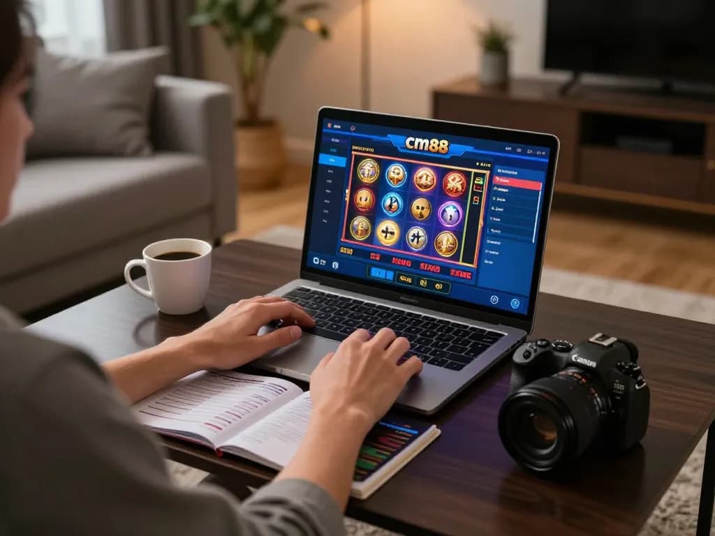 Engaged player exploring exciting cm88 slots during a cozy home gaming session.