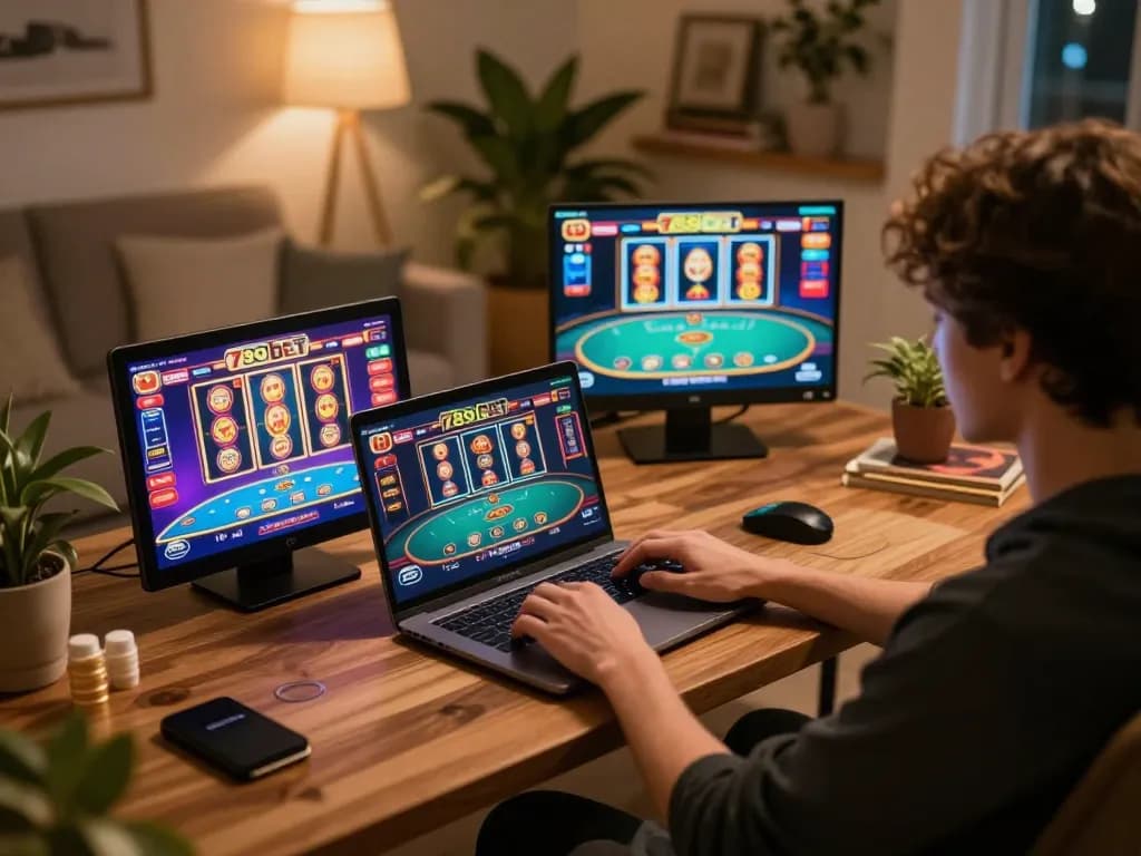 Engaged player enjoying 789bet online casino games on a modern laptop in a cozy home setting.