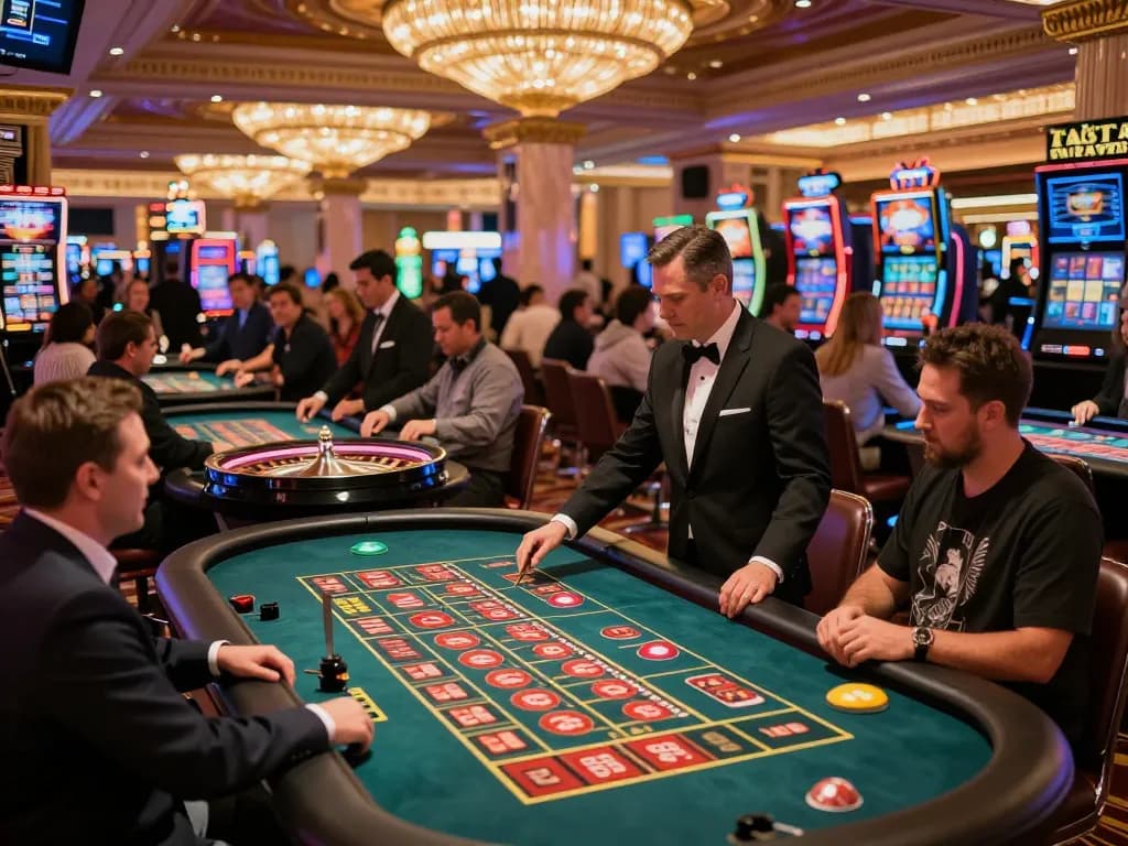 Exciting gameplay at vipwin casino roulette table with enthusiastic players and croupiers.