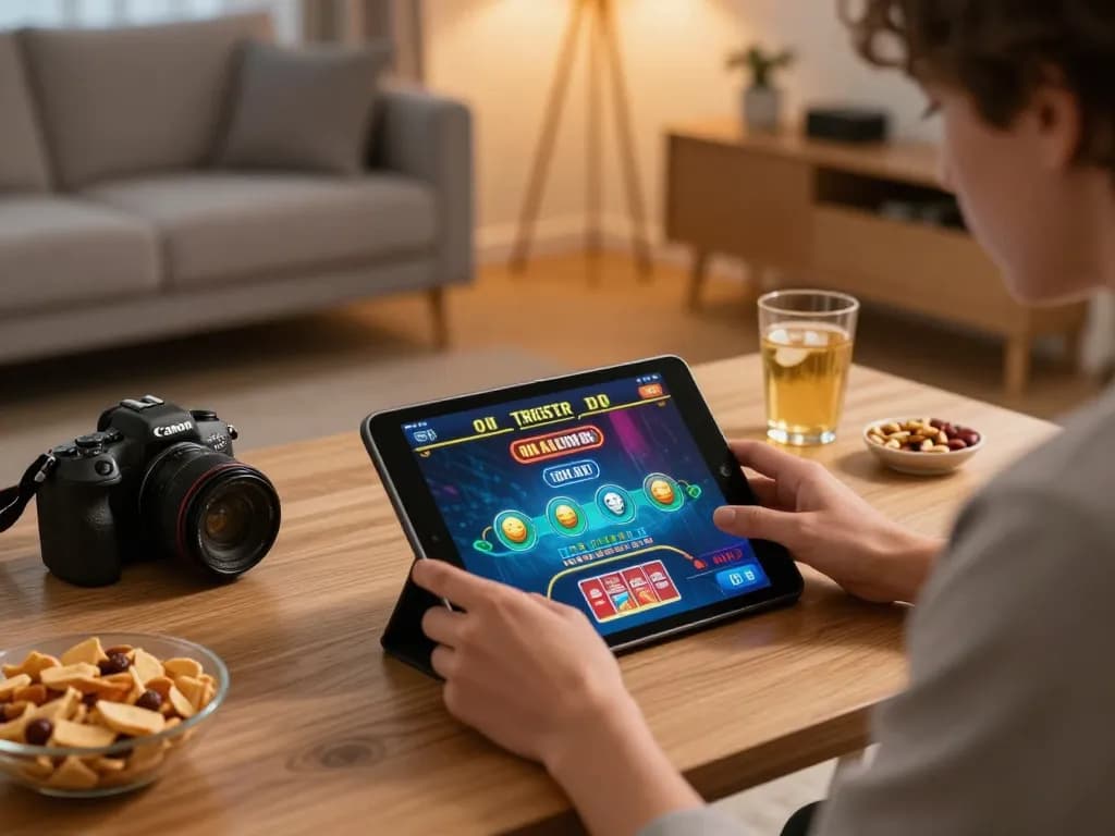 Engaged player enjoying online casino games on tablet while using 88vv app, emphasizing responsible gambling practices.