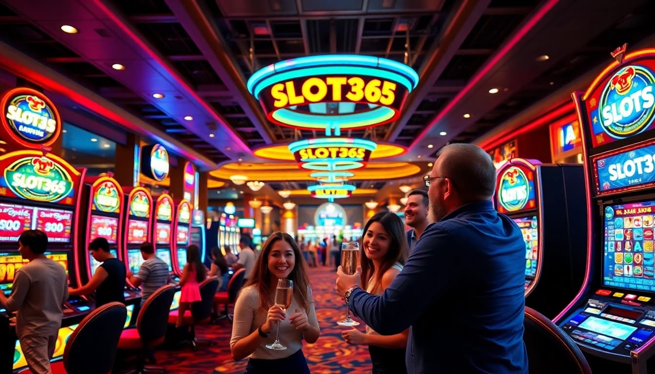 Mendapatkan kemenangan di SLOT365, suasana meriah kasino dengan mesin slot penuh warna.