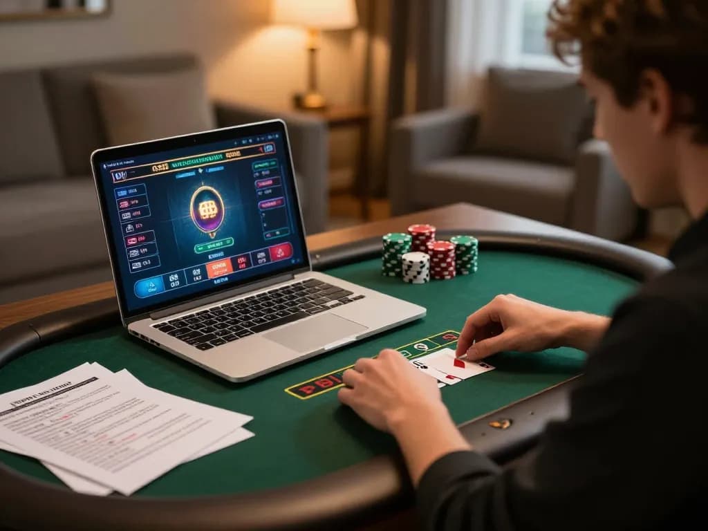 Player engaging with SUNWIN online poker, crafting strategy under warm lighting in a cozy home.