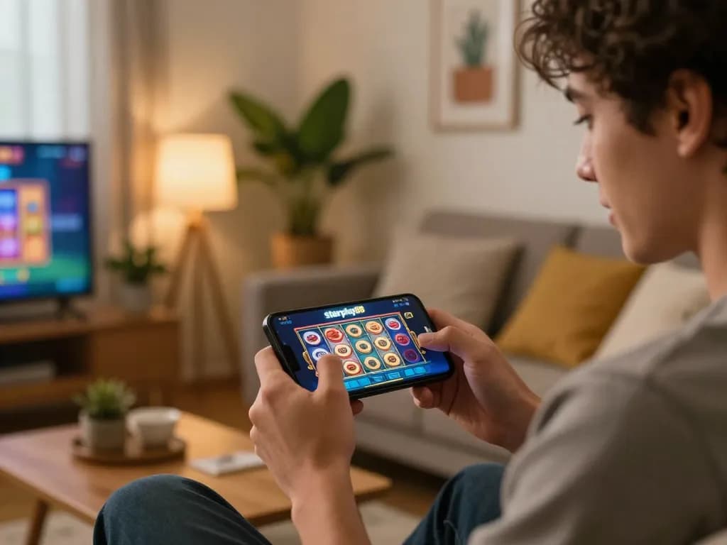 Pengalaman permainan seluler yang menarik dengan aplikasi kasino starplay88 yang dimainkan di smartphone di ruang tamu yang nyaman.