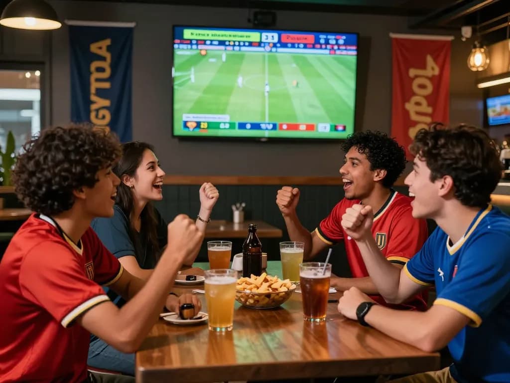 Friends enjoying Judi Bola betting while watching a football match in a lively sports bar.