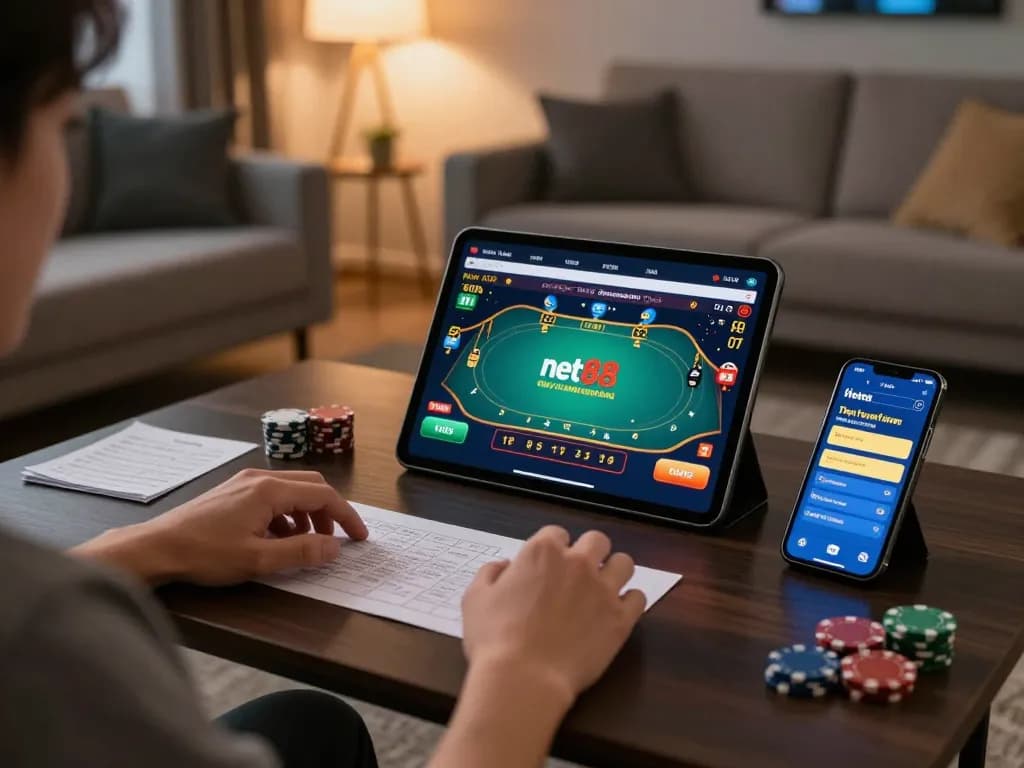 Engaging with net88 online casino on tablet, showcasing live dealer game and strategic gameplay.