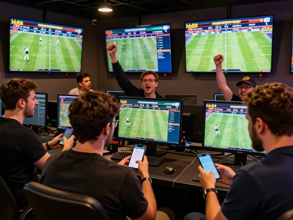 Enthusiastic bettors engaging in real-time betting on hb88 during a live sports event.