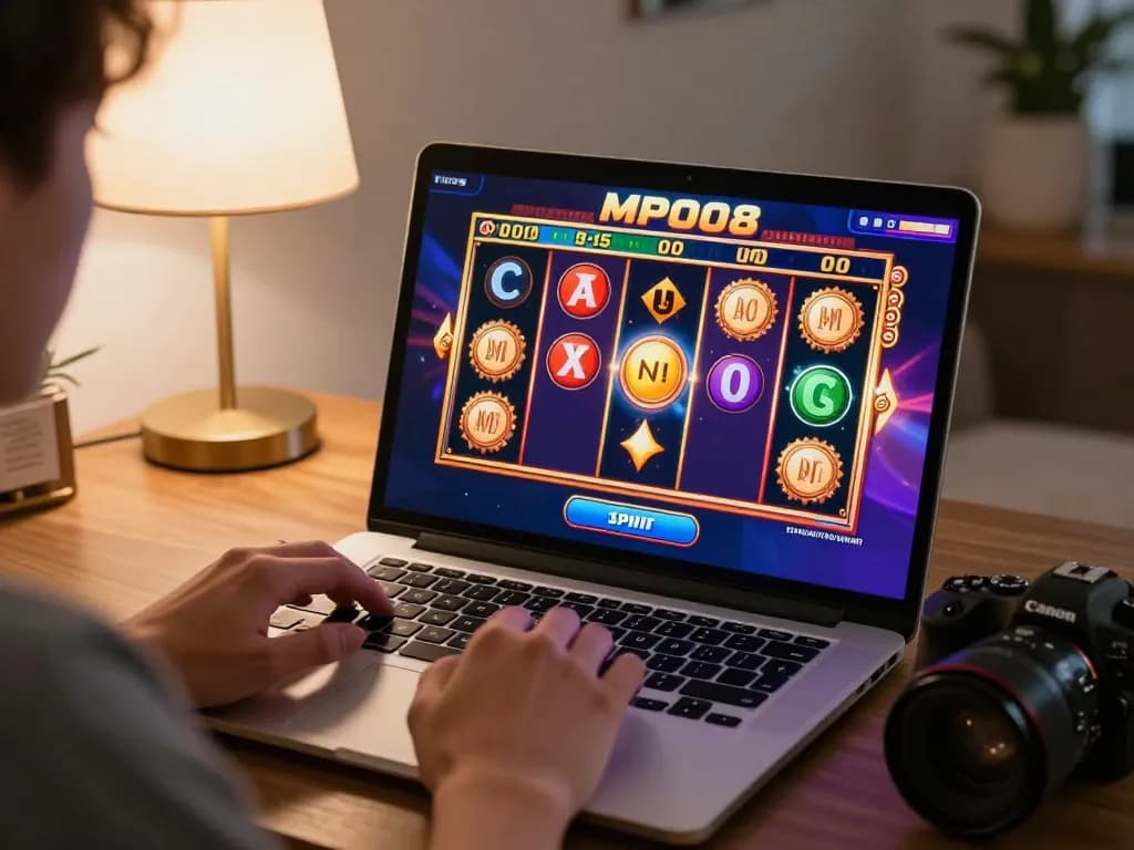 MPO08 player spins the reels in an engaging online slot game at home.