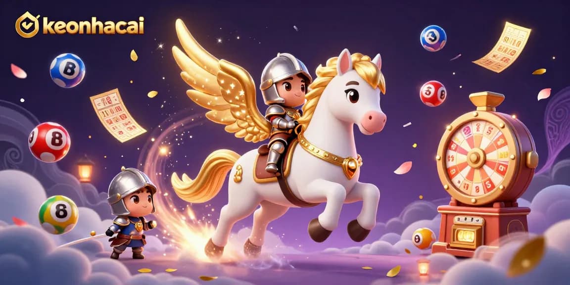 Experience keonhacai thrills with a dazzling 3D illustration featuring a celestial horse and vibrant casino elements.
