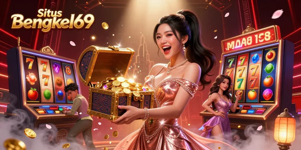 Situs Bengkel69 offers exciting gameplay with vibrant slot reels and abundant treasures in this captivating illustration.