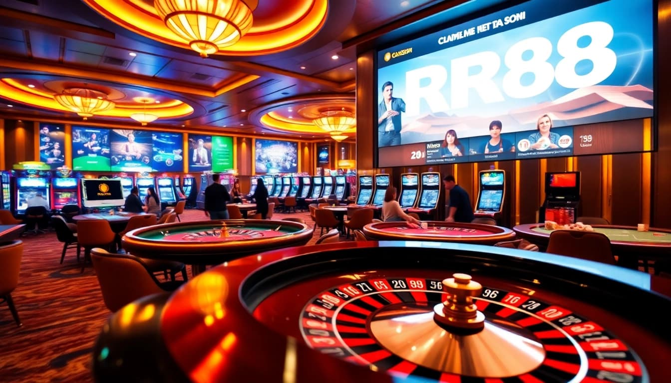 Experience the thrill of RR88 at a glamorous casino featuring roulette wheels and lively players.
