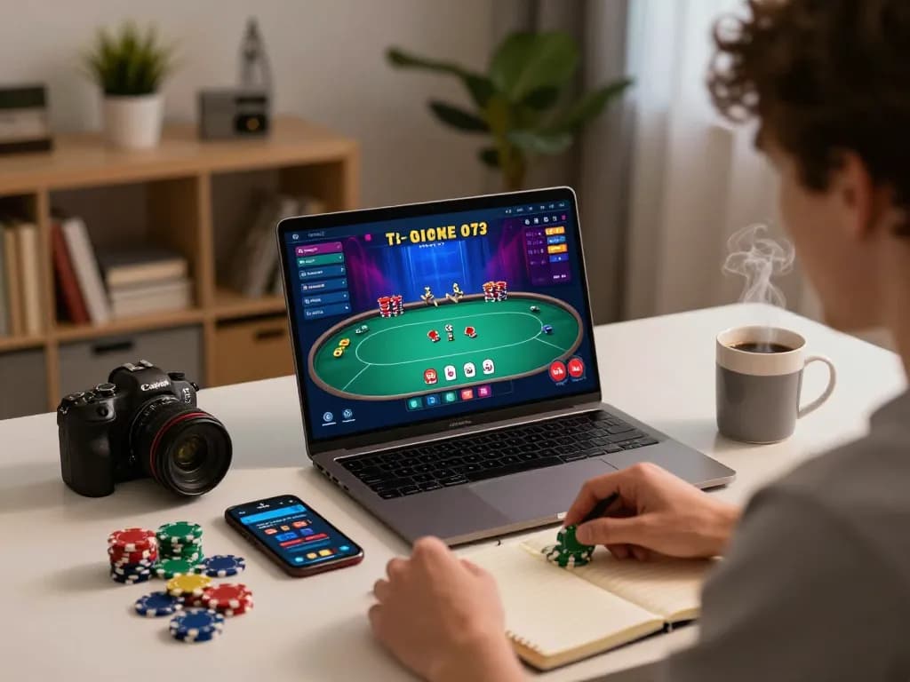 Engaged player using tr88 on a laptop for online poker, focused on their strategy notes.