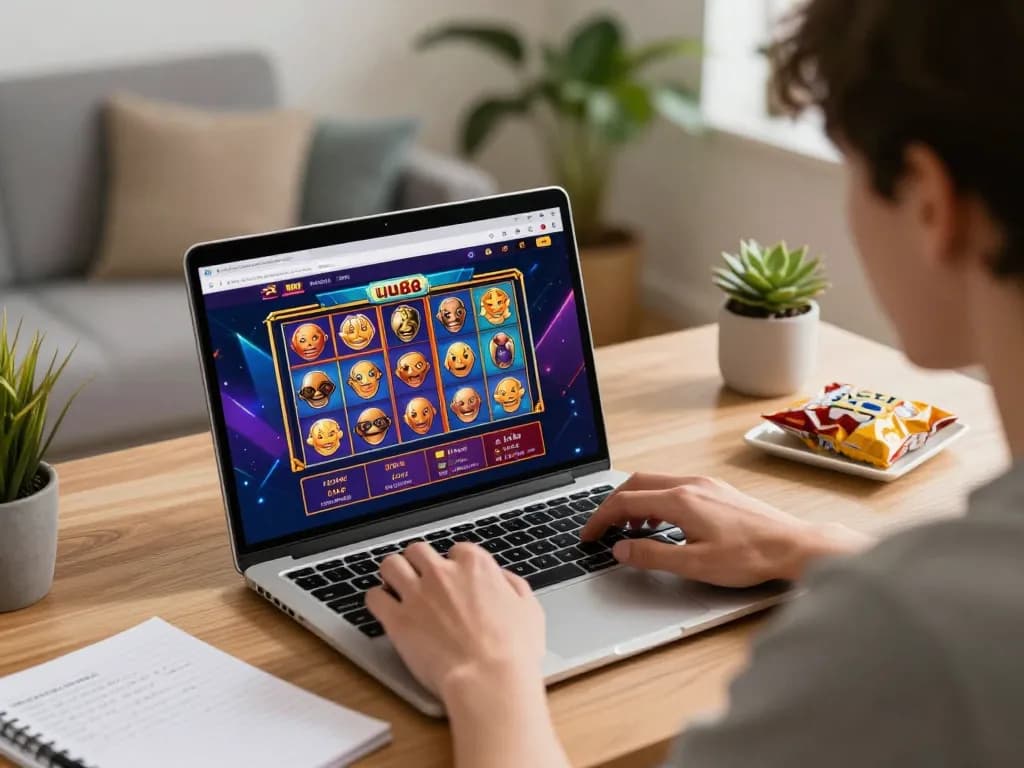Engaged player using uu88 platform for online casino gaming at home, with vibrant game graphics
