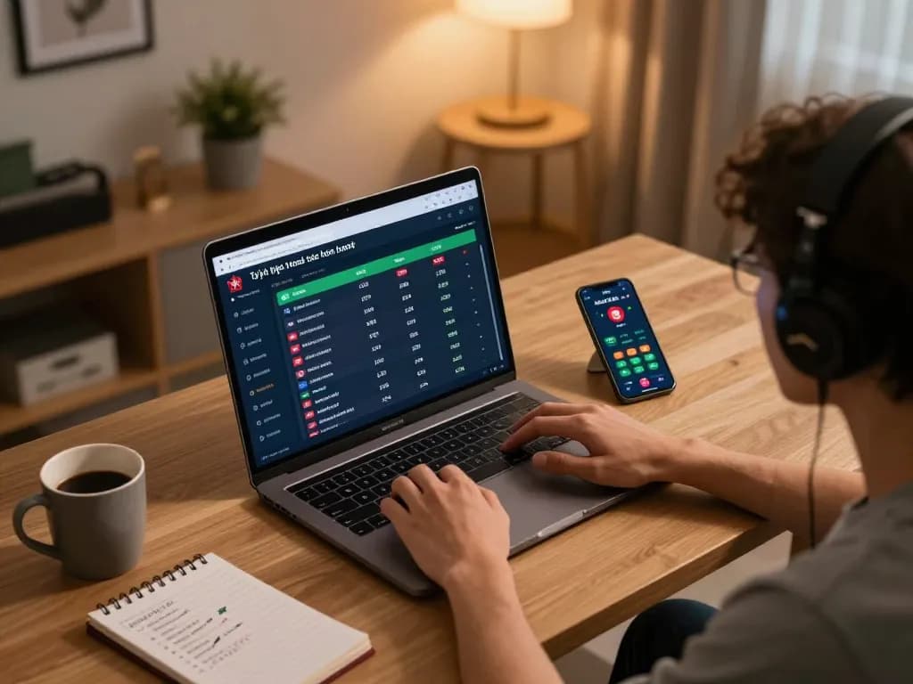 Engaging in tỷ lệ kèo nhà cái hôm nay while analyzing betting strategies in a stylish home office.