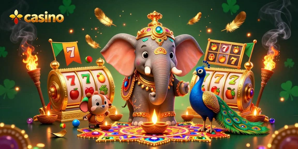 Immerse in casino excitement with vibrant elephants and slot reels in festive celebration.