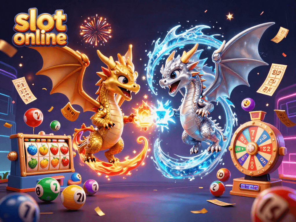 Slot online dengan naga 3D yang berinteraksi dan simbol permainan berwarna-warni dalam suasana meriah.