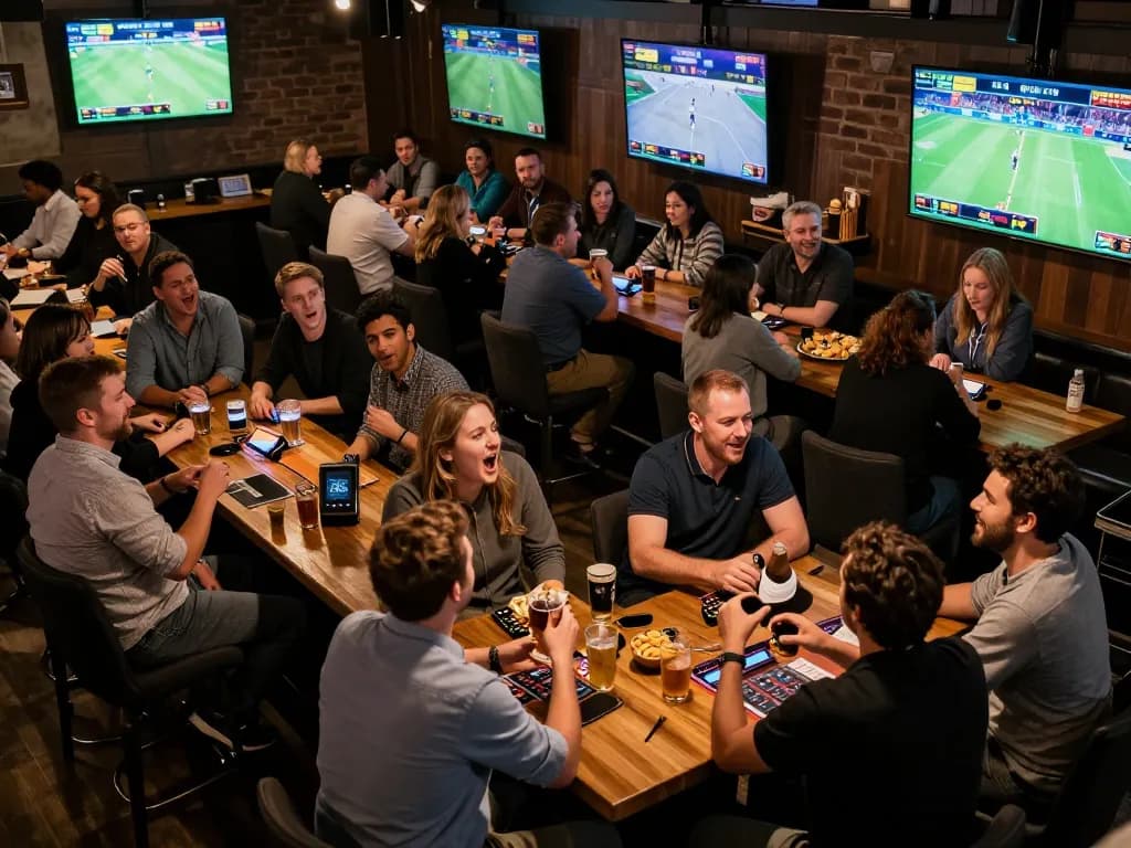 Nohu90 sports betting excitement in lively bar with patrons cheering on live games