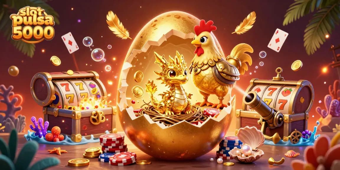 Slot pulsa 5000 wadahi keberuntungan dengan naga emas dan berbagai elemen judi menarik.
