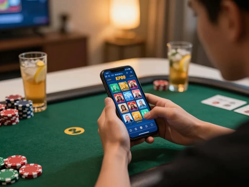 Player engaging with KP88 casino app on smartphone during a cozy home gaming session.