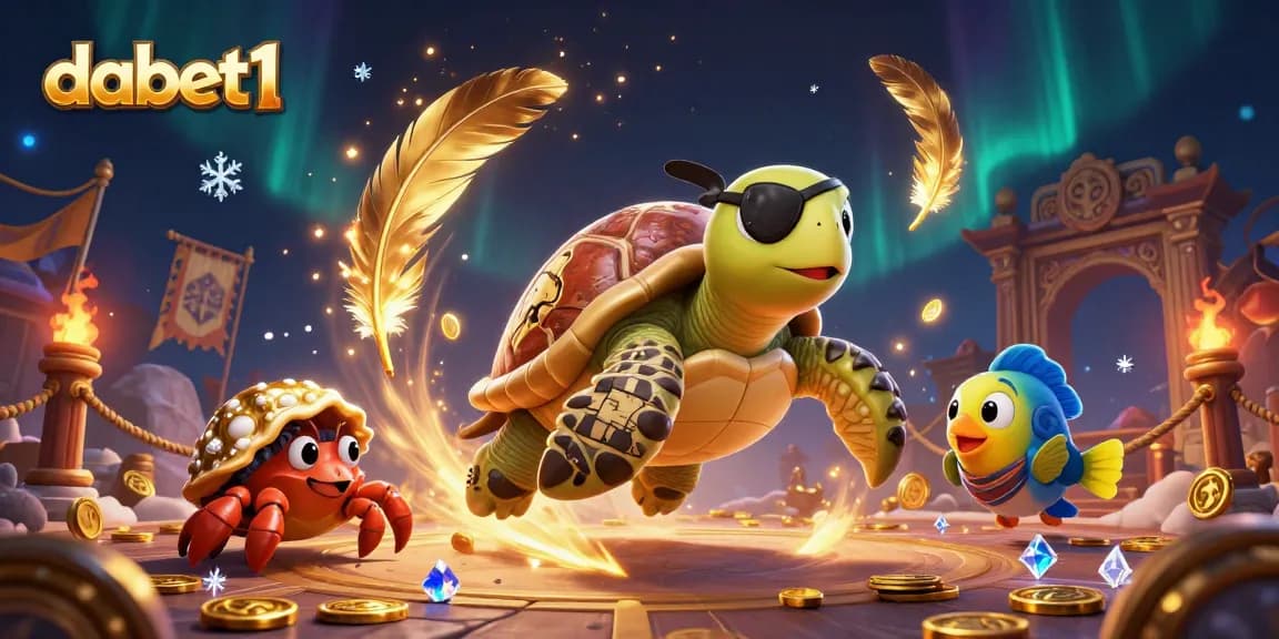 dabet1 showcases an exciting 3D illustration with a pirate turtle, crab, and parrotfish amidst treasure.