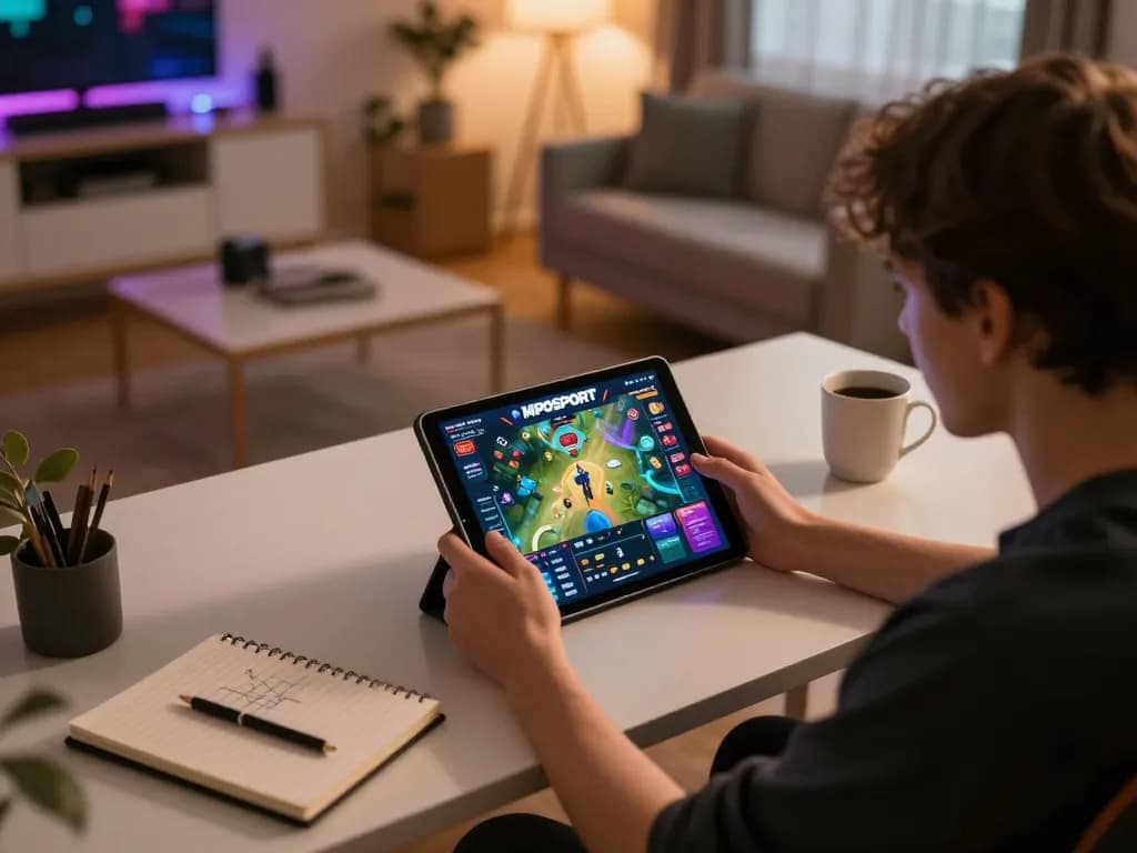 Engaging in MPOSPORT Slot gaming on tablet, vibrant graphics showcasing a modern online gaming experience