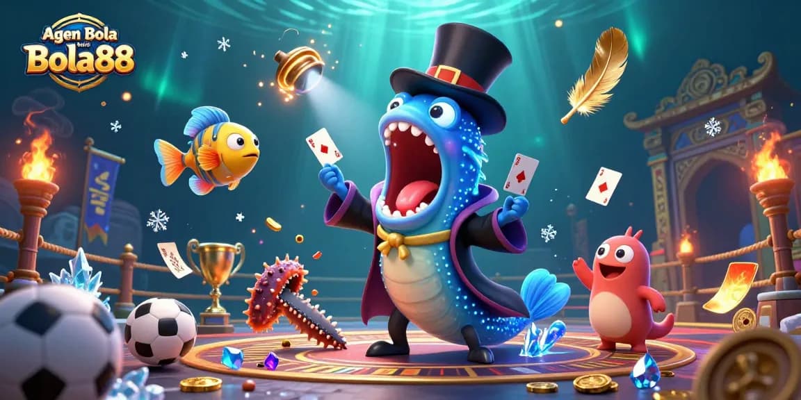 Agen Bola Resmi Bola88 highlights thrilling sports betting with a magical underwater scene featuring energetic cartoon characters.